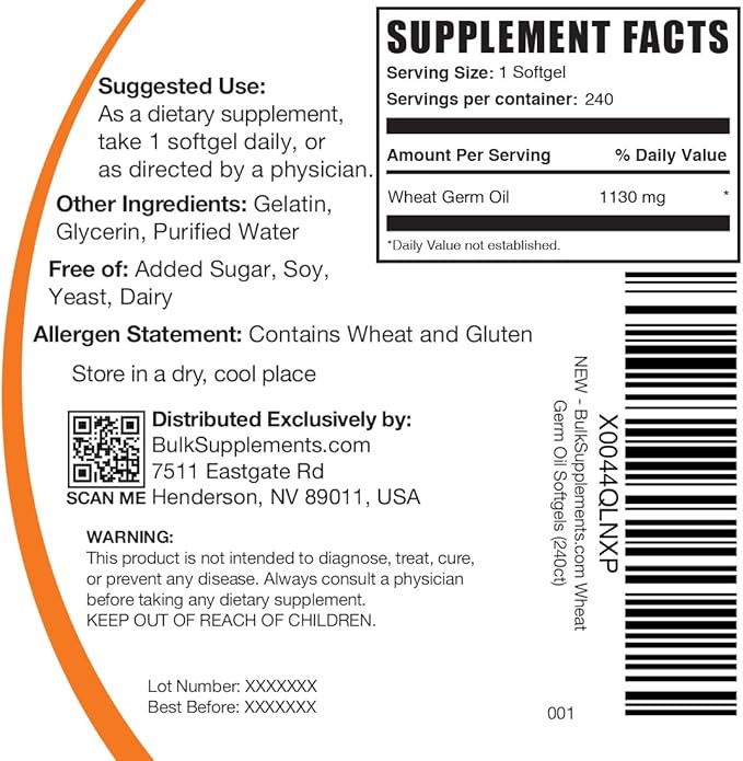 BulkSupplements.com Wheat Germ Oil Softgels - Wheat Germ Oil Supplement, Wheat Germ Oil 1130mg - Nutritional Supplement & Soy Free, 1 Softgel per Serving, 240 Softgels (Pack of 1)