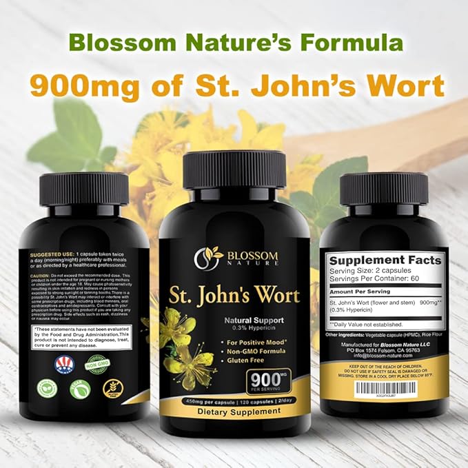 St Johns Wort 900mg-Mood Support Supplement*-Calm Supplements*-120 Vegetable St Johns Wort Capsules(2 Month Supply),450mg of Vegan, Non-GMO St. John's Wort (Hypericum Perforatum),0.3%Hypericin per Cap