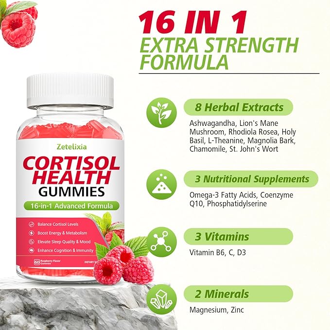 16-in-1 Cortisol Gummies for Women, Sugar Free Cortisol Gummies Supplement with Ashwagandha, Rhodiola Rosea, Magnesium, L-theanine for Relaxation, Sleep, Cognition, Raspberry Flavor, 60Ct