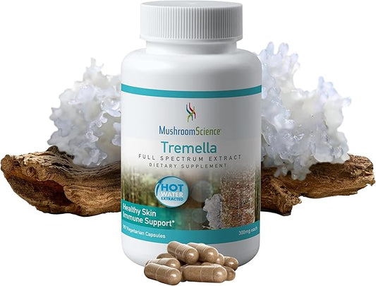 Tremella Mushroom Capsules, Full Spectrum Extract, Healthy Skin Support, Natural Mushroom Supplement for Adults, Hot Water Extracted Mushrooms, Vegetarian, 300MG, 90 Count