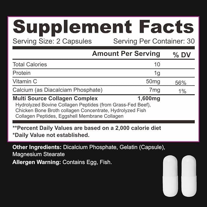 Multi Collagen Capsules with Vitamin C & Hyaluronic Acid - Types I, II, III, V & X - 60 Capsules
