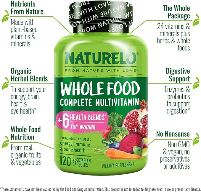 NATURELO Whole Food Multivitamin for Women - with Vitamins, Minerals, & Organic Extracts - Supplement for Energy and Heart Health - Non GMO - 120 Vegan Capsules
