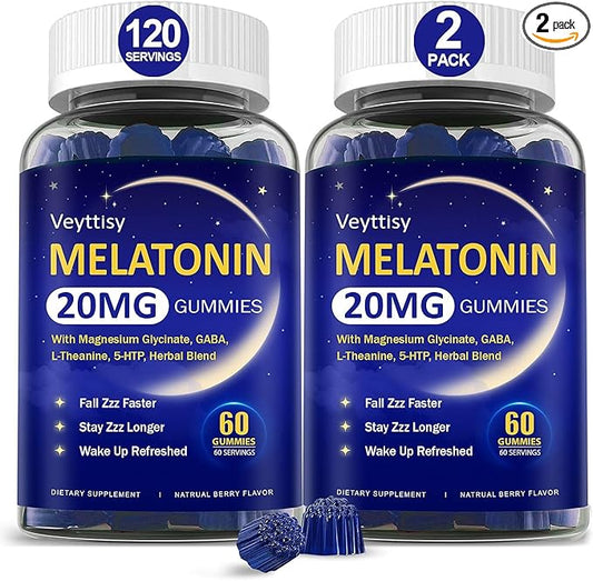 Melatonin 20mg Gummies for Adults - Max Strength Melatonin Gummy Supplement with Magnesium Glycinate, B6, B12, L-Theanine, GABA, 5-HTP & Herbs - Non-Habit Forming, Vegan, Natural Mixed Berry Flavor
