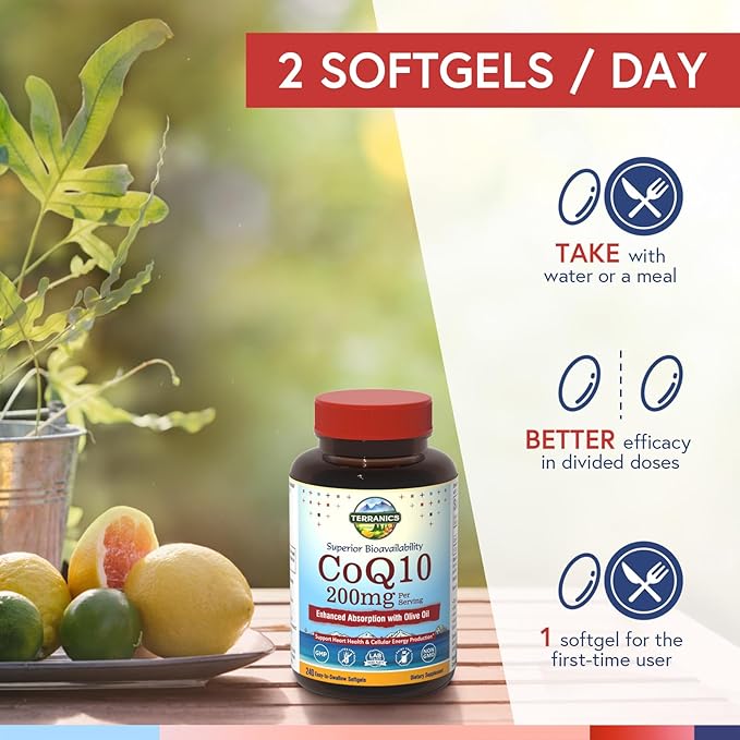 Terranics CoQ10 200mg, Coenzyme Q10 Supplement with Extra Virgin Olive Oil for Enhanced Absorption, Made in USA, Supports Heart Health, Antioxidant Protection, Energy Production, Non-GMO, 240 Softgels