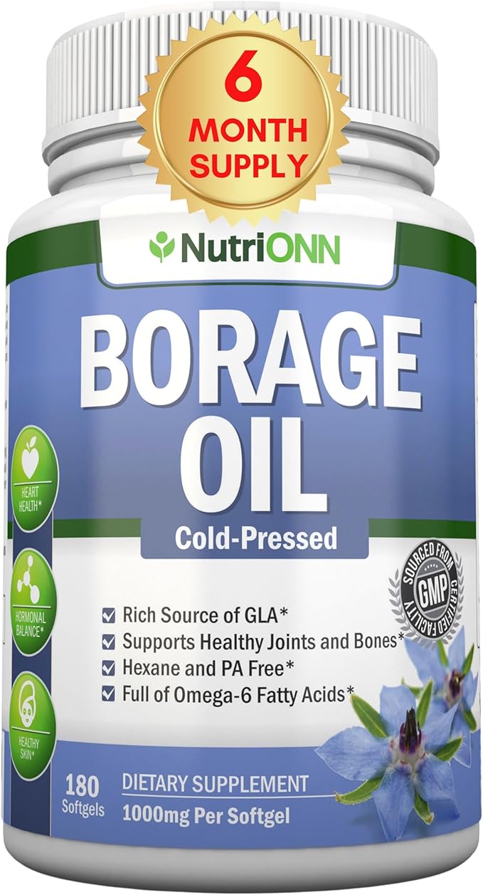 Borage Oil - 1000 mg - 180 Softgels - Cold Pressed High GLA Borage Seed Oil - Hexane and PA Free - Great for Skin, Hair and Bones.