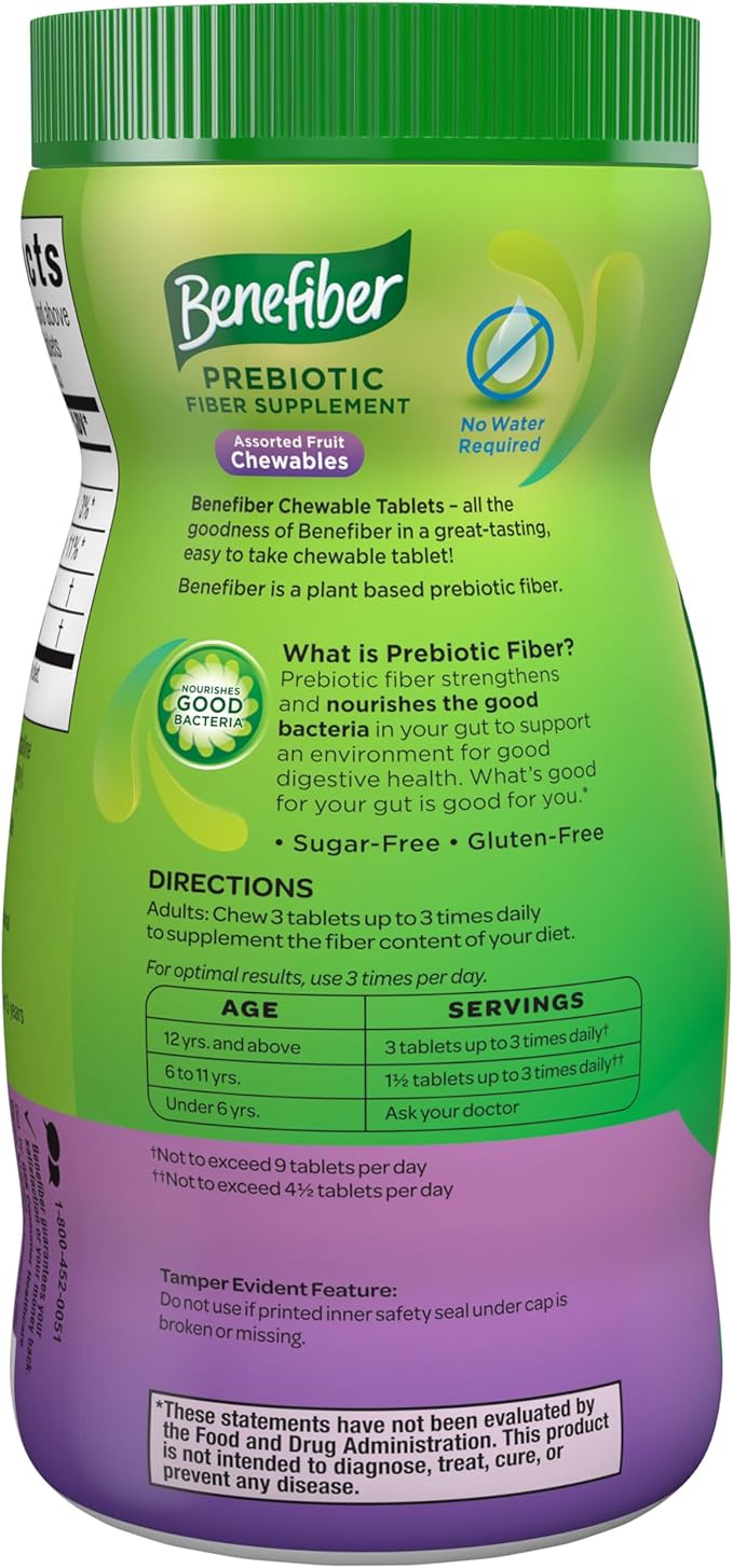 Benefiber Chewable Prebiotic Fiber Supplement Tablets for Digestive Health, Assorted Fruit Flavors - 100 Count