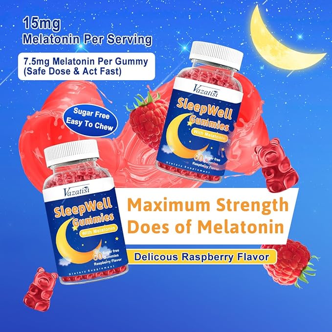 Sleep Gummies for Adults and Kids - Sugar Free Melatonin Gummies with 7.5mg of Melatonin Per Gummy, Magnesium, L-Theanine, Vitamin B12, Vegetarian - 60 Raspberry Gummies