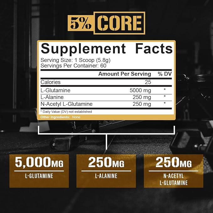 5% Nutrition Core L-Glutamine 5000 Supplement w/L-Alanine | Immune & Digestive Support | Amino Acid Muscle Builder Post Workout Recovery | Unflavored (60 Servings)