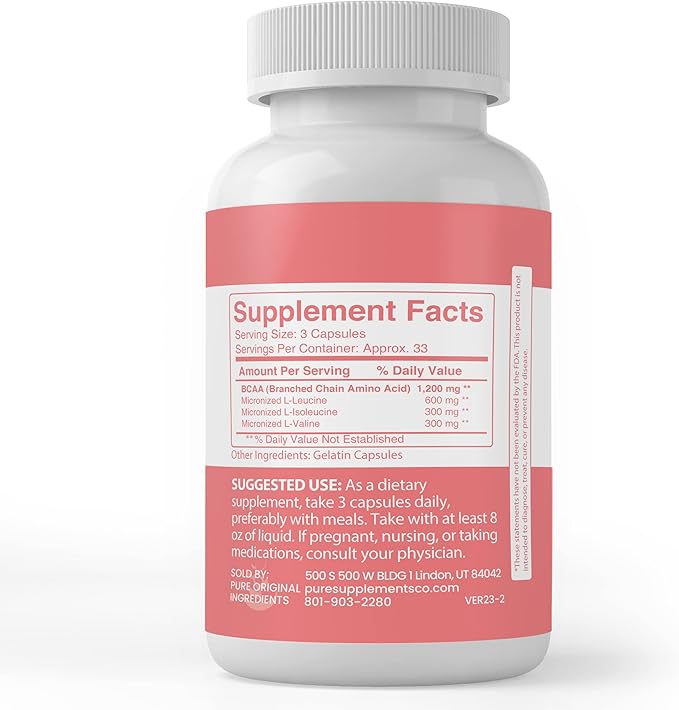 PURE ORIGINAL INGREDIENTS BCAA, (100 Capsules) Always Pure, No Additives Or Fillers, Lab Verified
