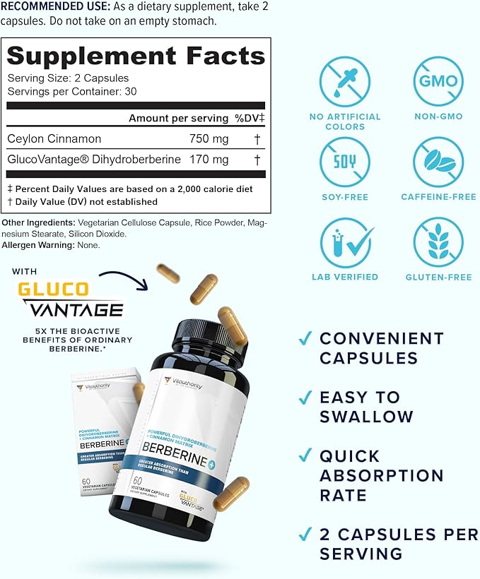 Vitauthority Berberine with Ceylon Cinnamon Supplements | High Absorption Dihydroberberine for Balance and Support | Vegan Powerful AMPk Activator & Antioxidant | 30 Servings
