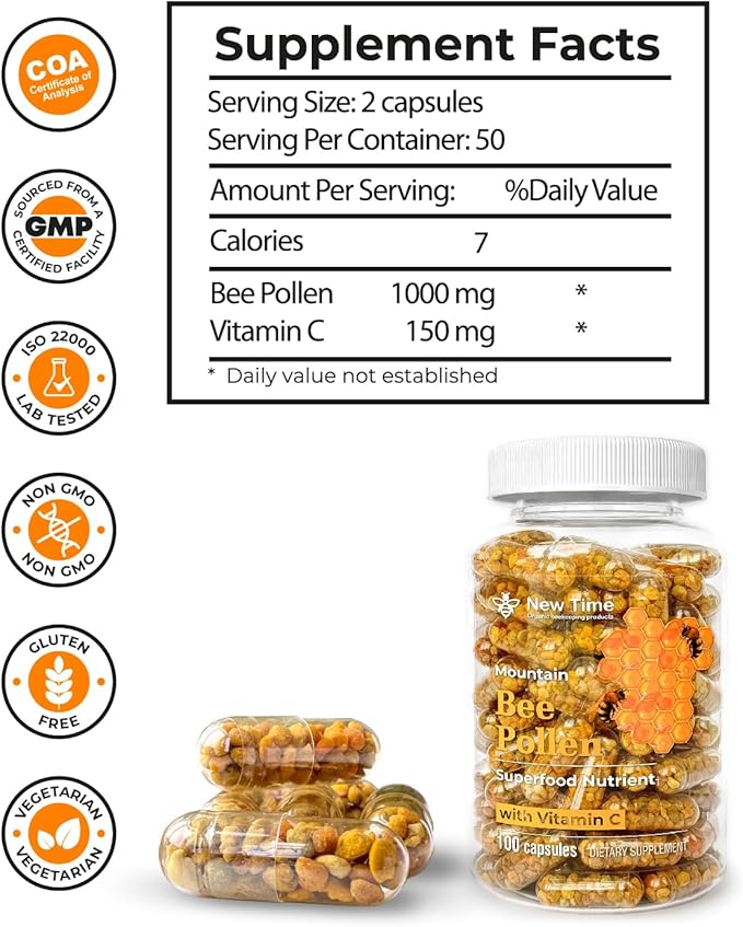 Bee Pollen Capsules – Organic Supplement for Energy, Vitality, Wellness, Rich in Vitamins, Immune Support & Nutrient Boost, Premium for Men & Women, 100% Pure & Natural for Breast Growth