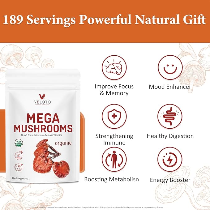 Organic Mega Mushroom Powder Blend, 10 in 1 Complex Mushroom Extract Powder Herbal Supplement with Reishi, Cordyceps, Chaga, Lion's Mane, Vegan & More, Sustainably US Grown, Filler Free, 10oz