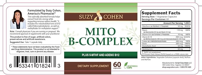 Suzy Cohen, Mito B Complex Dietary Supplement, 5-MTHF, Adeno B12, Methylation Support, Supports Healthy Nervous System, Boost Energy, Vitamin B, 60 Servings