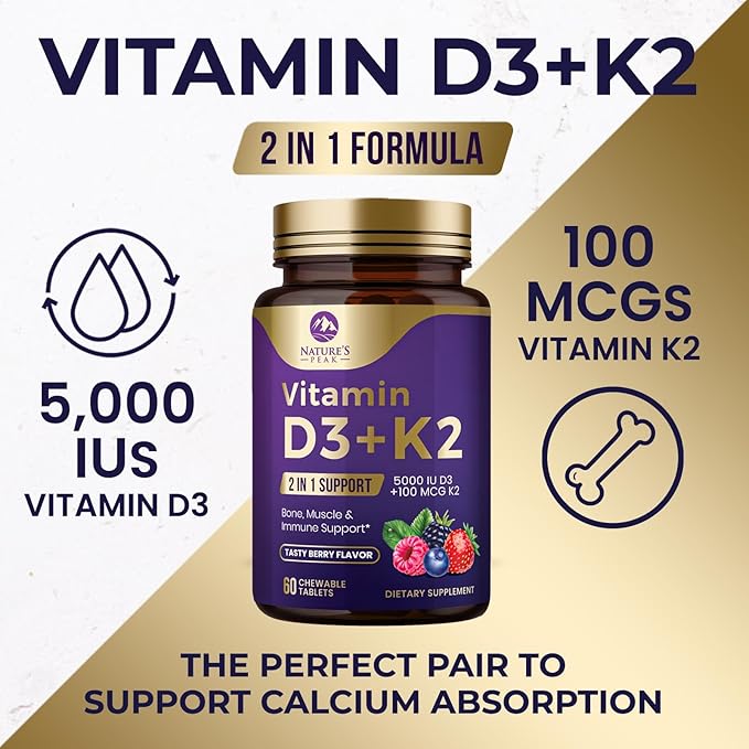 Vitamin D3 5000 iu Plus K2 (MK-7) 100 mcg - 2 in 1 Vitamins D & K Complex - Supports Calcium Absorption, Bone, Immune, & Heart Health – Made in the USA, Non-GMO, Easy to Swallow - 60 Chewable Tablets