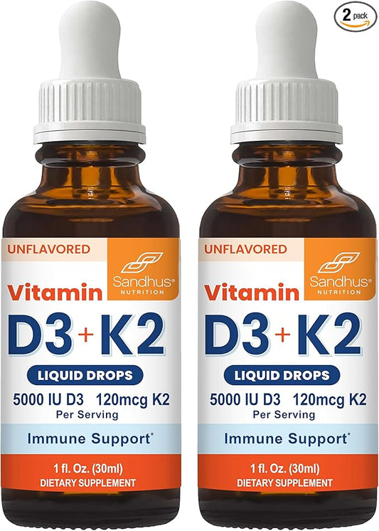 Sandhu's Vitamin D3 K2 Drops for Adults | 5000 IU D3 Liquid, 120mcg K2 Supplement | Supports Immune Health | 1 Fl Oz (Pack of 2)