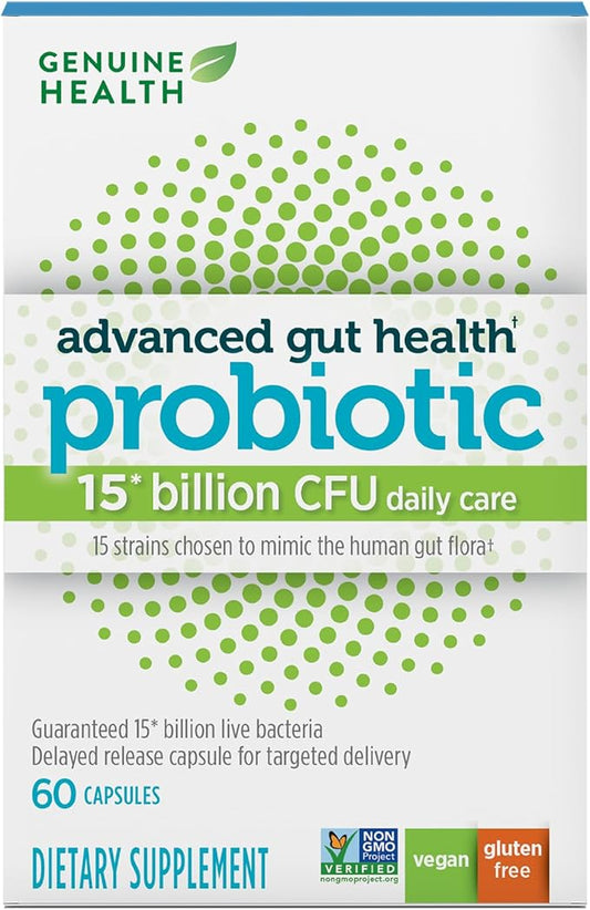 Genuine Health Advanced Gut Health Gentle-Care Probiotic, Helps Promote Digestive, Gastrointestinal & Gut Health, Multi-Strain Formula, 60 Capsules