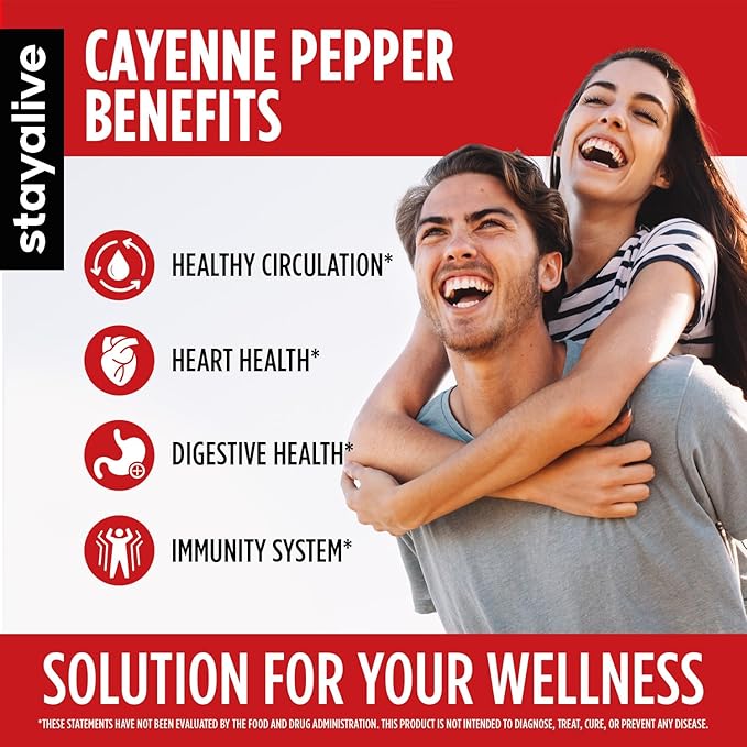 StayAlive Cayenne Pepper Capsules 960mg Super Extract with Ginger, Garlic, Turmeric, Beet Root, Black Pepper, 120 Cayenne Capsules, Support Cardiovascular & Immune System, Capsaicin Supplement Pills