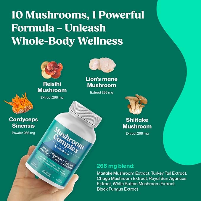 ColonBroom Mushroom Complex, Powerful Mushroom Blend with Cordyceps, Reishi, Shiitake, Lion’s Mane Extract for Energy, Immunity, Stress Relief & Cognitive Health - 2 x 60 Capsules, 60 Day Supply