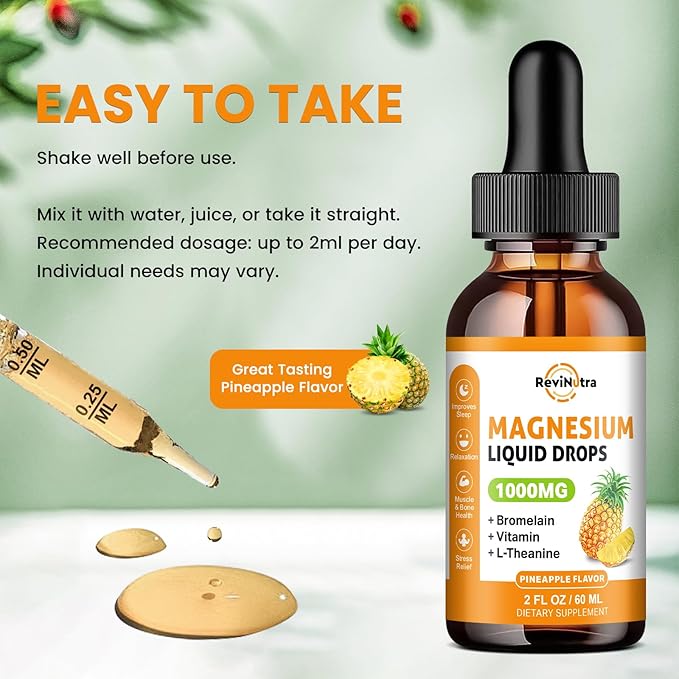 2 Pack Magnesium Glycinate Liquid Drops, 1000mg of Magnesium Glycinate, Citrate & Threonate for Sleep, Nerve, Energy, Muscle, Bone, Calm & Digestion, High Absorption, 2 Fl Oz, Pineapple Flavor