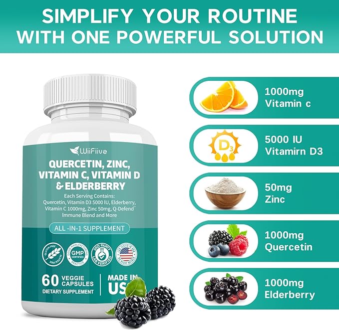 60 Count Quercetin 50 mg Zinc 1000 mg Vitamin C 5000 IU Vitamin D3 1000 mg Turmeric 1000 mg Elderberry with Q-Defend Immune Blend Reisshi Nettle Arteemisinin, Non-GMO, Free Supports Health