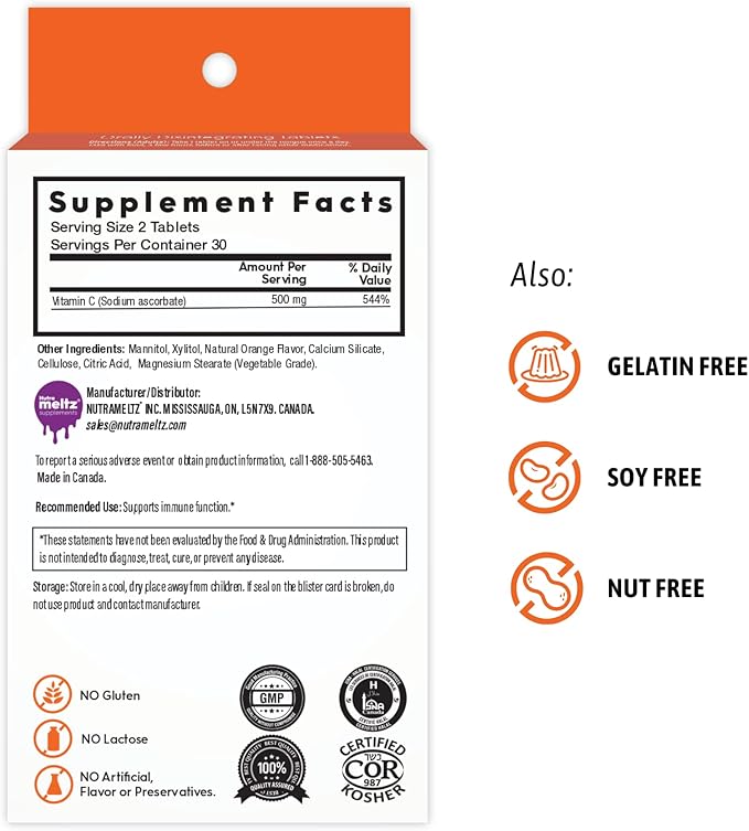Vitamin C 250mg Tablets - Supports Immune Health, Maintains Healthy Bones & Teeth Quick Dissolving Tablets for Vitamin Deficiency – Orange Flavor (60 Vitamin C Tablets)