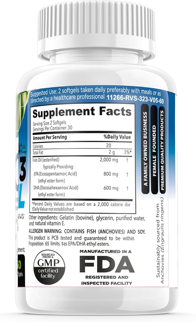 Omega 3 Fish Oil 2000mg HIGH Potency 800mg EPA DHA 600mg BURPLESS Supplement Non GMO Omega 3 Fatty Acid Supplements HIGH DOSE Fish Oil for Dogs Cats Humans Made in USA
