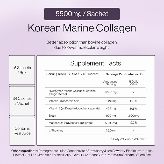 Isora HyperGlow Liquid Collagen Shots (15 Pack, Mixed Berries) - 5500mg Korean Marine Collagen Drink with Biotin, Beauty Drink for Skin, Hair, Nails in Travel Packets to Go with Real Juice