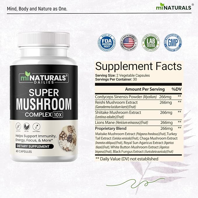 Mushroom Complex Capsule - Lion's Mane, Reishi, Cordyceps, Chaga, Turkey Tail, Maitake - Supplement Real Fruiting Body - 10 in 1