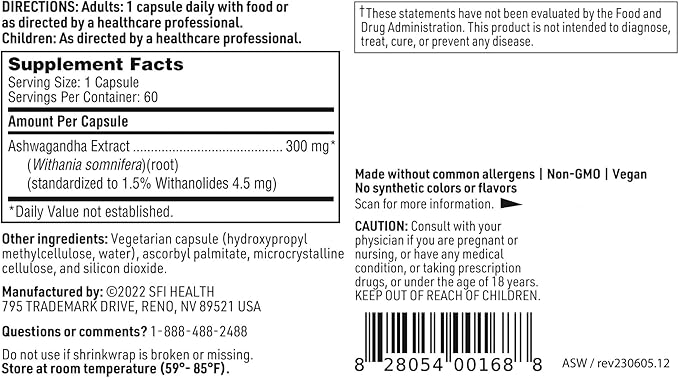 Klaire Labs Ashwagandha Extract 300mg - Ashwagandha Supplement to Promote Memory, Cognitive Function & Healthy Stress Response - Hypoallergenic Ashwagandha Root Extract (60 Capsules)
