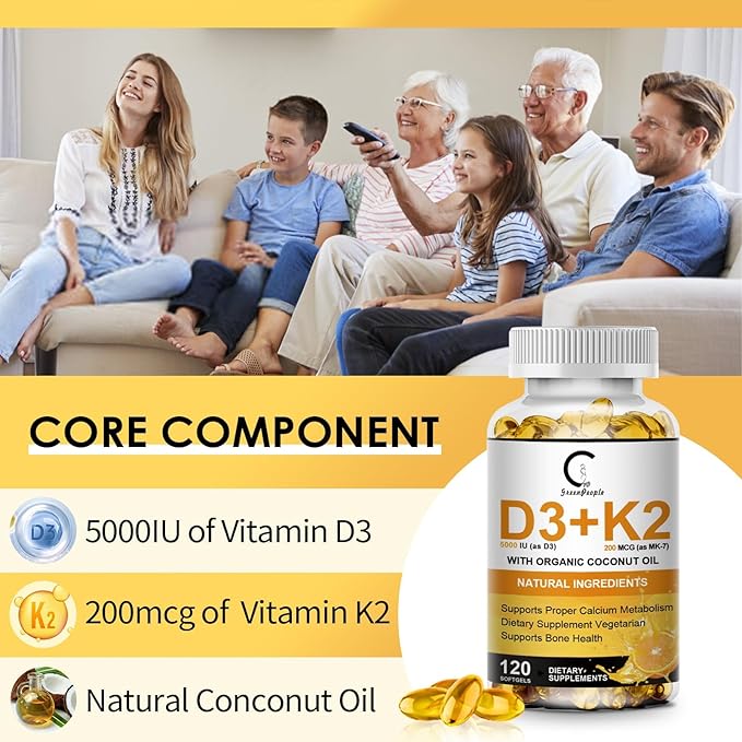 Vitamin D3 K2 Supplement with Vitamin D3 5000 IU, 200 mcg Vitamin K2 MK-7 & Natural Coconut Oil, Plant Based 2-1 Formula for Bone, Teeth, Muscle and Immune Health Support (120 Count (Pack of 2))