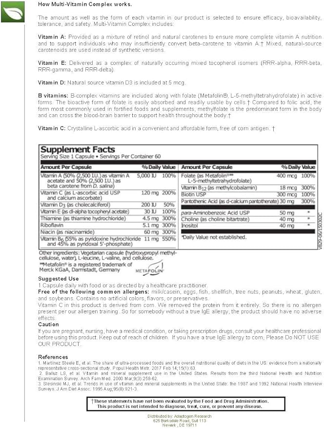 Multi-Vitamin Complex | Once Daily Multivitamin Supplement with Folate as Metafolin L-5-MTHF B12 as Methylcobalamin Vitamin A C D3 and more| Enhanced Absorption & Bioavailability | 60 Vegetarian Caps
