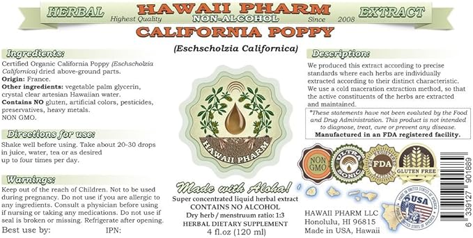 HawaiiPharm California Poppy Alcohol-Free Liquid Extract, Nervous System Calming and Support. Glycerite 2 fl.oz