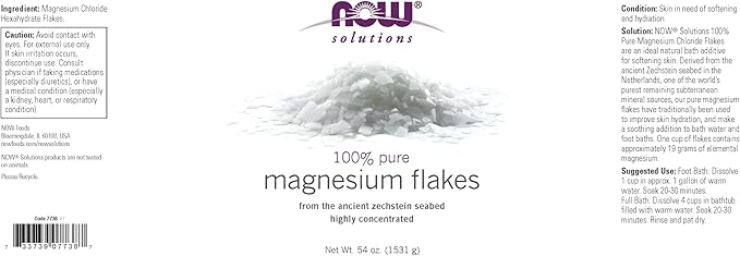 NOW Foods Solutions, Magnesium Flakes, 100% Pure, from the Ancient Zechstein Seabed, Highly Concentrated, 54-Ounce
