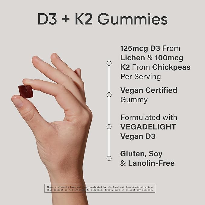 Sports Research® Vegan Vitamin D3 + K2 Gummies - 5000iu Vitamin D w/100mcg Mk7 Vitamin K for Bone & Immune Support - Vegan Certified · Non-GMO · Sugar Free - 60 Count Gummy