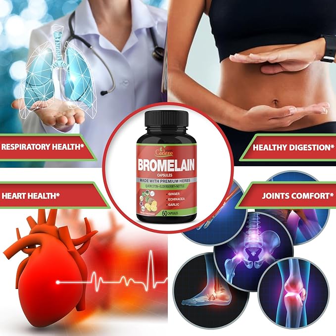 Organic Cadane Bromelain Extract Capsules, 8in1 with Quercetin, Elderberry, Nettle, Ginger, Echinacea, Garlic, Black Pepper - Support Digestion Health & Immune System - 60 Capsules