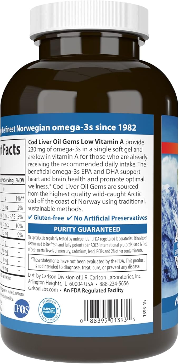 Carlson - Cod Liver Oil Gems, Low Vitamin A, 230 mg Omega-3s, Norwegian, Wild Caught, Sustainably Sourced, 300 Softgels