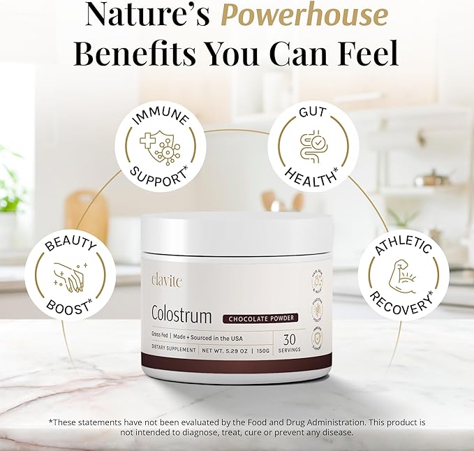 Bovine Colostrum Powder (Chocolate) Grass Fed Colostrum Supplement for Gut Health, Immune Support Healthy Hair, Skin & Nails - 30 Servings