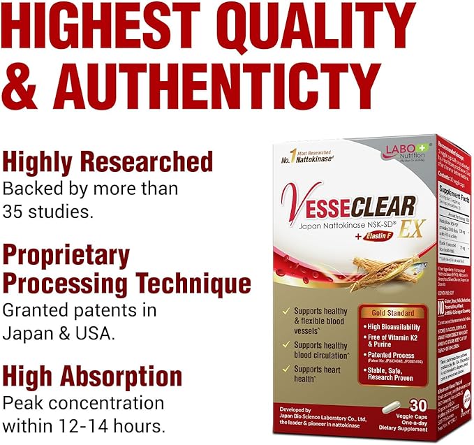 LABO Nutrition VesseCLEAR EX: Nattokinase NSK-SD+Elastin F for Clean & Flexible Blood Vessel. Japan's Most Research Proven, Functional Dose, Acid-Resistant/Delayed Release Capsules
