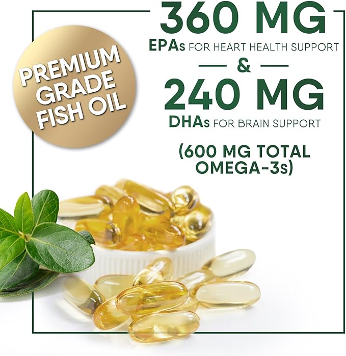 Triple Strength Omega 3 Fish Oil Supplement, EPA & DHA Fish Oil Omega 3 Essential Fatty Acids Supplement Softgels, 2400mg Brain & Heart Health Support Supplements - Gluten Free, Non-GMO, 120 Softgels