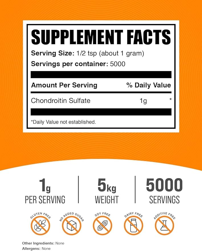 BulkSupplements.com Chondroitin Sulfate Powder - Chondroitin Sulfate Supplement, for Joint Support - Gluten Free, 1g per Serving, 1kg (Pack of 5) (11 lbs)