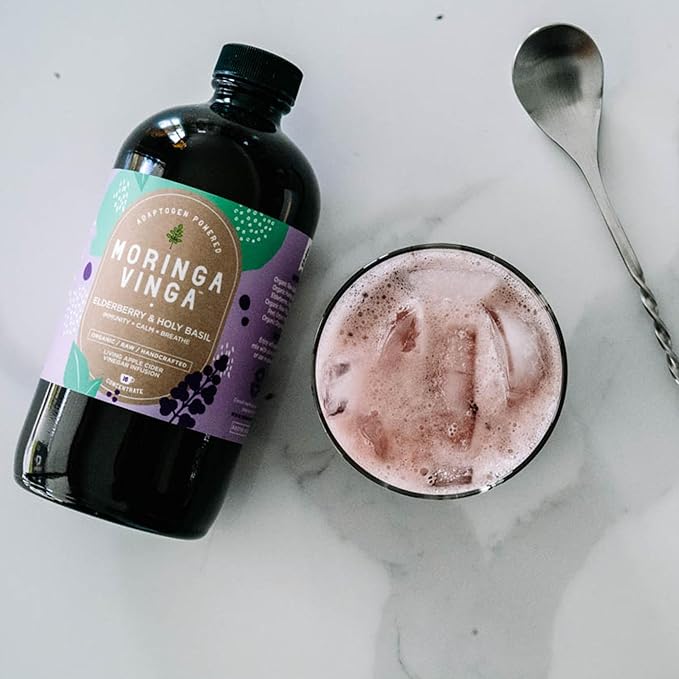 Elderberry & Holy Basil Moringa Infusion - Organic Immune Support, Respiratory Wellness, Stress Relief, Herbal Tonic with Apple Cider Vinegar, Ginger, Hibiscus, Honey - 100% Pure, Non-GMO, 8 oz