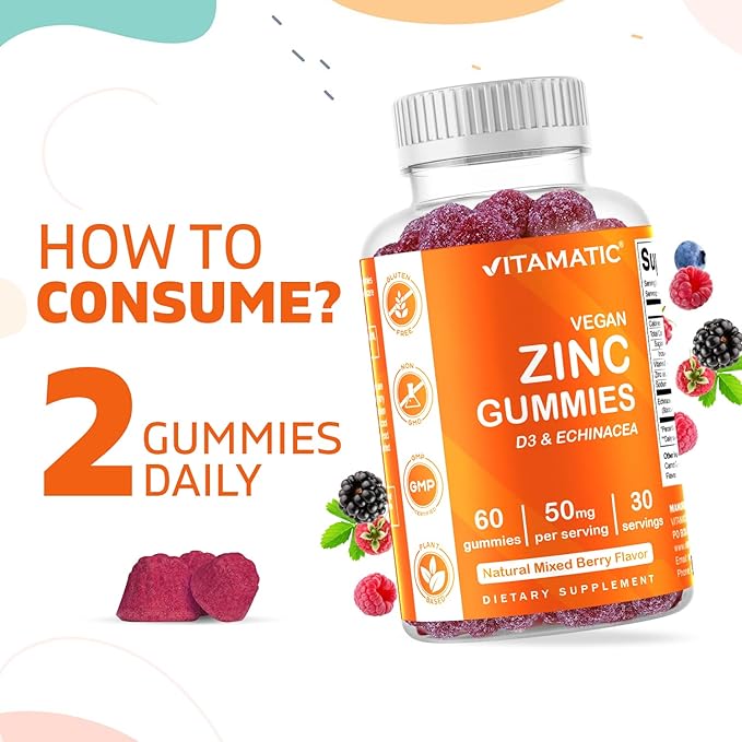 Vitamatic Zinc 50mg Gummies – 60 Vegan Gummies Gluten Free – Healthy Immune Support for Adults, Men & Women