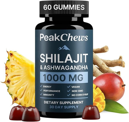 Pure Himalayan Shilajit Gummies for Men with Ashwagandha - Shilajit and Ashwagandha for Men - Boost Energy, Mood, Motivation - High Potency and Absorption, Vegan-Friendly - 60 Count