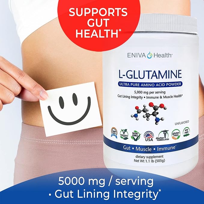 Eniva Health L-Glutamine Pure Powder, Unflavored (101 Servings) | Vegan, Gluten-Free, Sugar-Free, Non-GMO | Doctor-Formulated, USA Made | Gut Health, Leaky Gut, Bloating, Muscle Health, Immune System