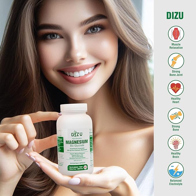 Dizu - Magnesium Bisglycinate 200 mg, Pure Elemental Chelated Complex, Supports Sleep, Muscle, Bone, Heart & Energy Metabolism, with Glycine & Oxide, Vegetable Capsules