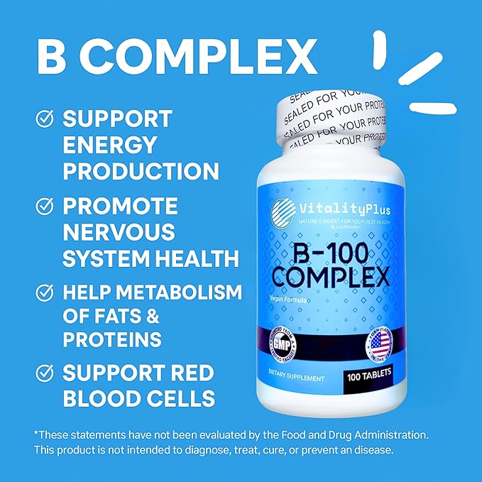Super B-100 Complex – All B Vitamins Including B12, B1, B2, B3, B5, B6, B7, B9, Folate – High Potency B-Vitamins with Choline, Inositol & PABA – Energy & Metabolism Support – 100 Tablets