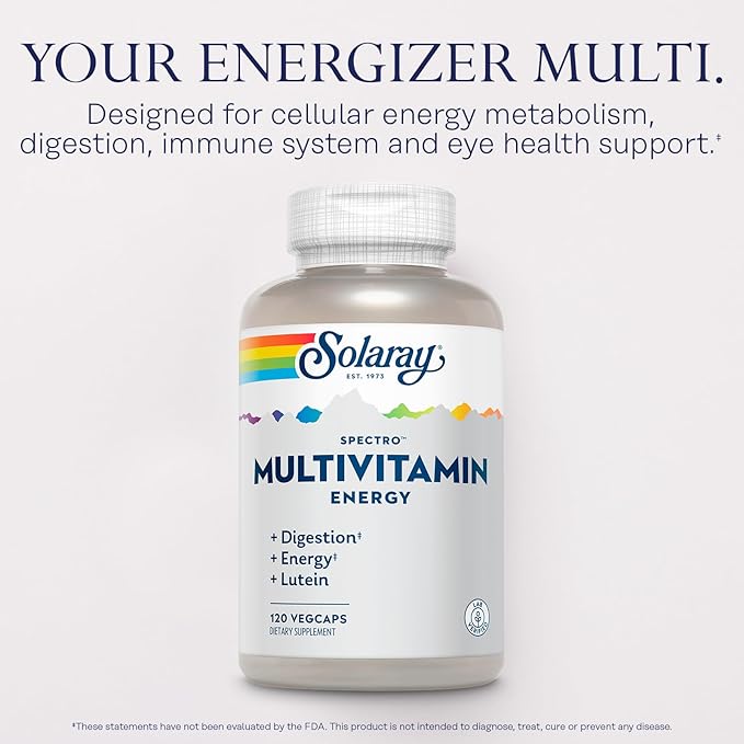 SOLARAY Spectro Energy Multivitamin for Women and Men - Cellular Energy, Digestion, Eye Health and Immune Support - w/Vitamin A, Vitamin B Complex, CoQ10, Iron, Enzymes, Lutein - 30 Serv, 120 VegCaps