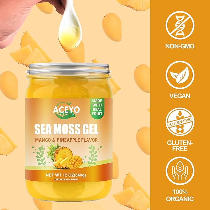 (12 OZ) Irish Sea Moss Gel Raw Vegan Mango Pineapple Flavor 102 Vitamins and Minerals Wild Harvested Non-GMO Immune Defense Booster Thyroid Digestive Support