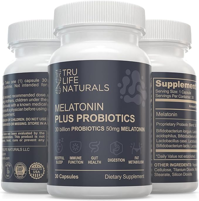 Melatonin 50mg Plus Probiotics 30 Bill CFU/Better Sleep/Night Formula/Sleep Support Supplement & Balanced Gut Health - Easy to Take | Supports Digestive & Immune System Function
