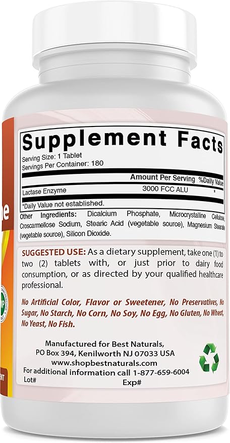 Best Naturals, Fast Acting Lactase Enzyme, 3000 FCC ALU, 180 Tablets (180 Count (Pack of 3))